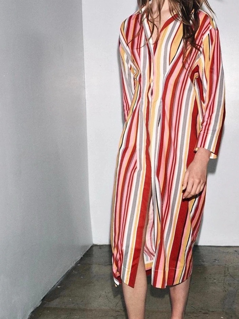 ZW Collection Striped Shirt Dress Striped Midi Shirt Dress in Red & Yellow Like